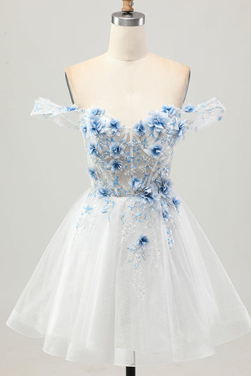 White Blue Flower A-Line Off the Shoulder Corset Short Homecoming Dress
